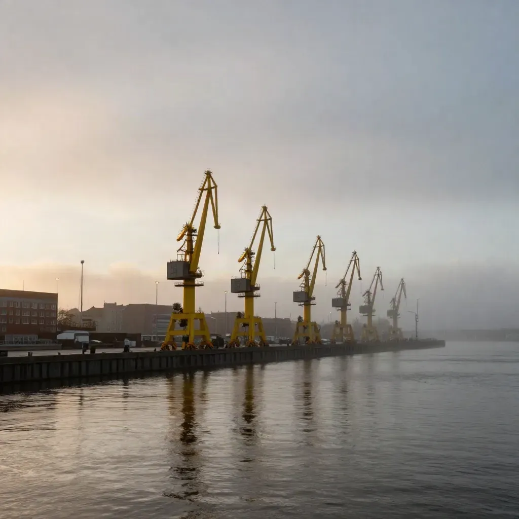 Hamburger Hafen im goldenen Abendlicht mit Kränen, Nebel und ruhiger Wasserfläche