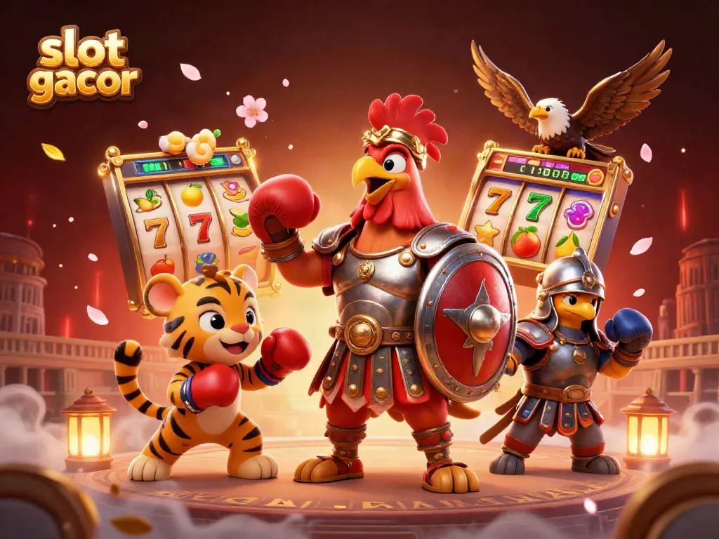 Engaging slot gacor themed illustration featuring a gladiator rooster and a tiger cub in a vibrant casino atmosphere.