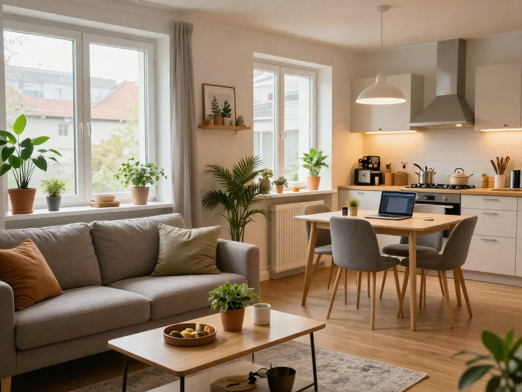 Gemütliches Monteurzimmer in Hannover mit voll ausgestatteter Küche und einladendem Wohnraum.