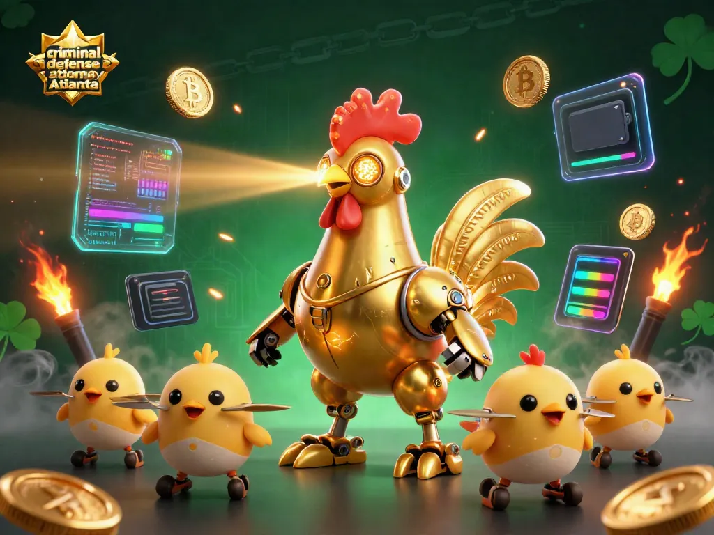 A dynamic illustration featuring a golden rooster robot and baby chick drones, illustrating a criminal defense attorney Atlanta in a vibrant casino setting.
