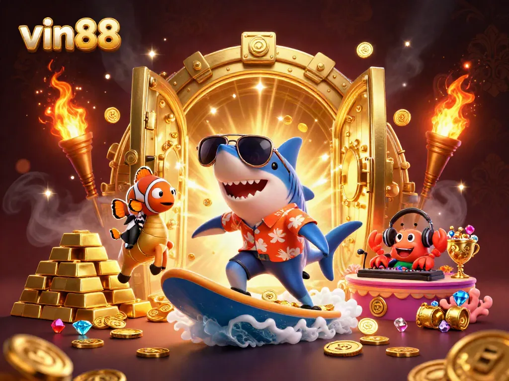 Win big with vin88 in this vibrant illustration showcasing a shark, clownfish, and crab amidst treasure.