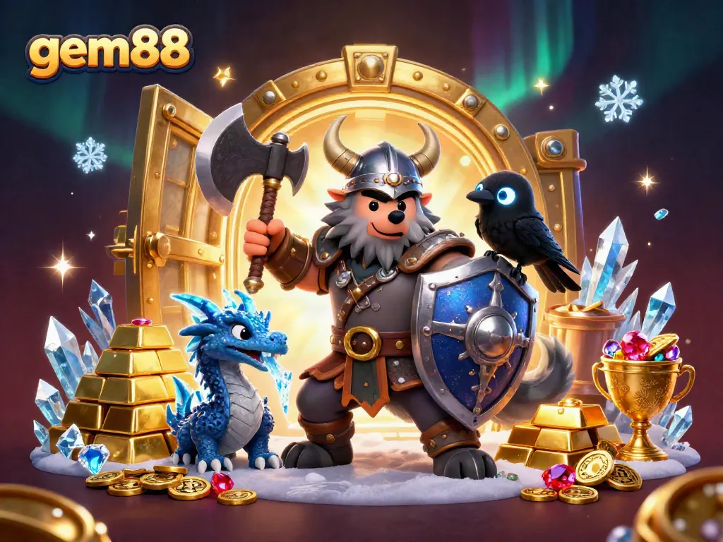 Experience the excitement of gem88 with a Viking warrior, dragon, and treasures focused on thrilling casino adventures.