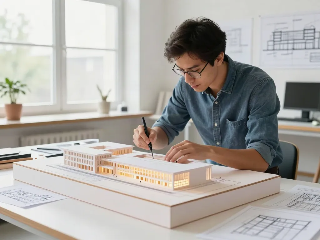 Wettbewerbsmodell Rüsselsheim mit LED-Beleuchtung in modernem Entwurfsstudio