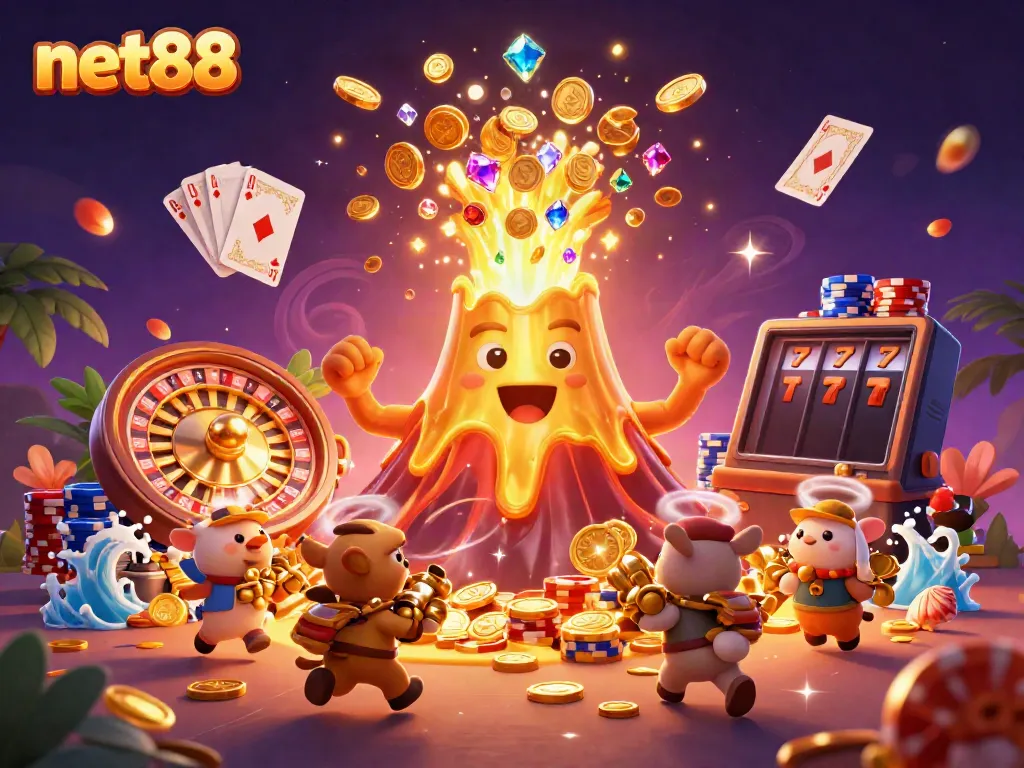 Experience winning at net88 with a vibrant scene of a triumphant golden volcano spilling treasures and playful animals amid dazzling casino elements.
