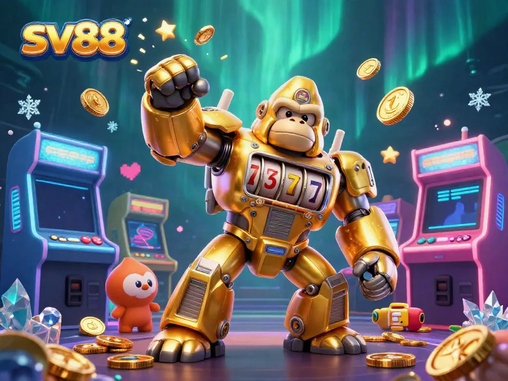 Experience the thrill of sv88 with an explosive gaming scene featuring a golden gorilla mech and vibrant arcade elements.