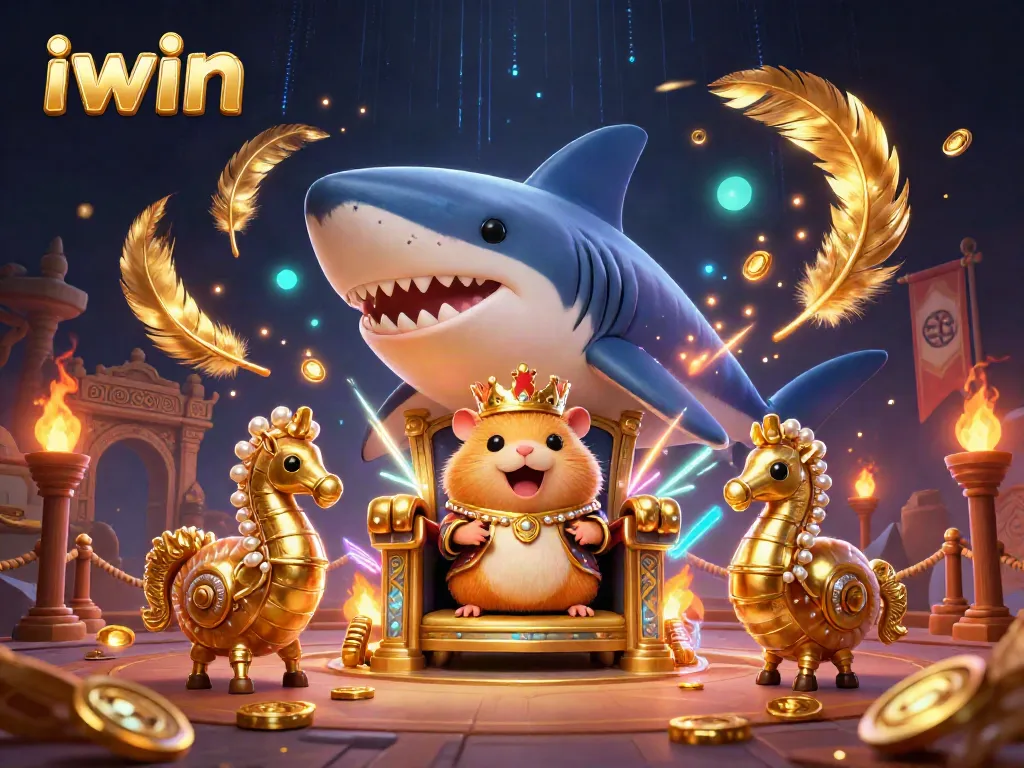 Engage with iwin's vibrant casino scene featuring a fierce hamster king and dynamic gaming elements.