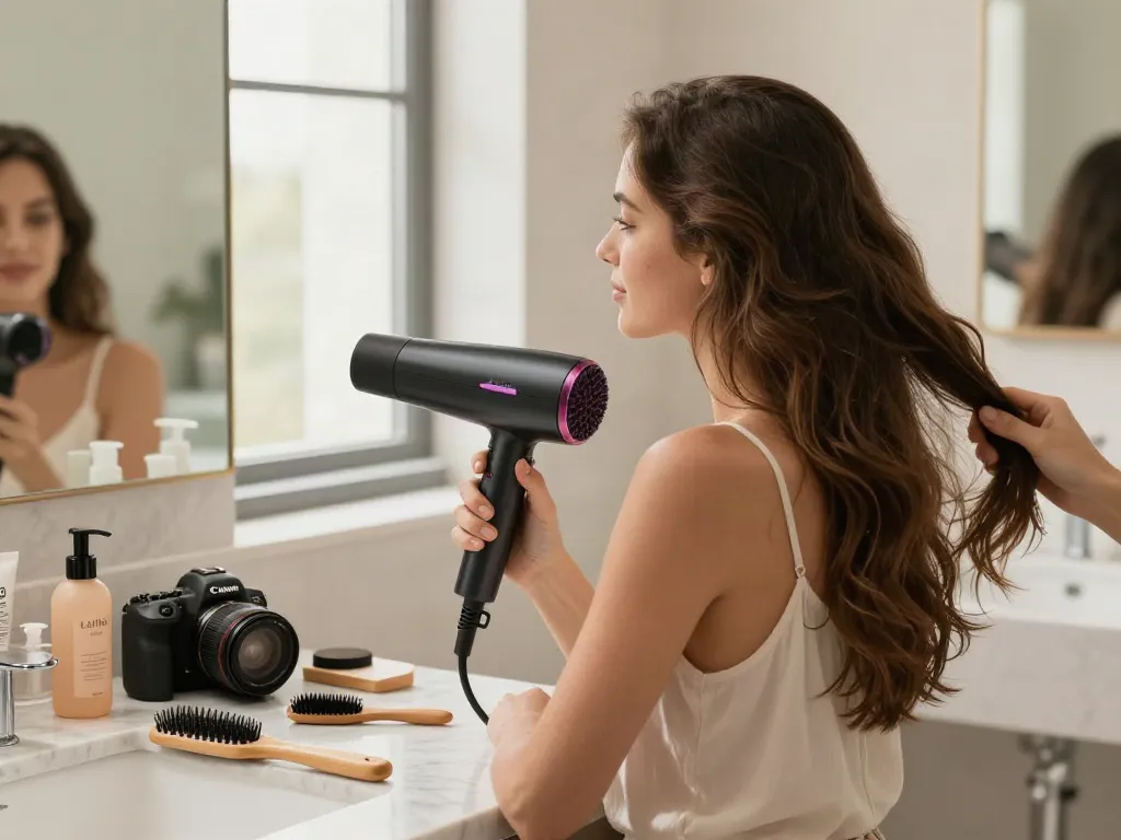 Die Verwendung des Laifen Haartrockners in einer modernen Badezimmer-Szene mit Kosmetikprodukten.