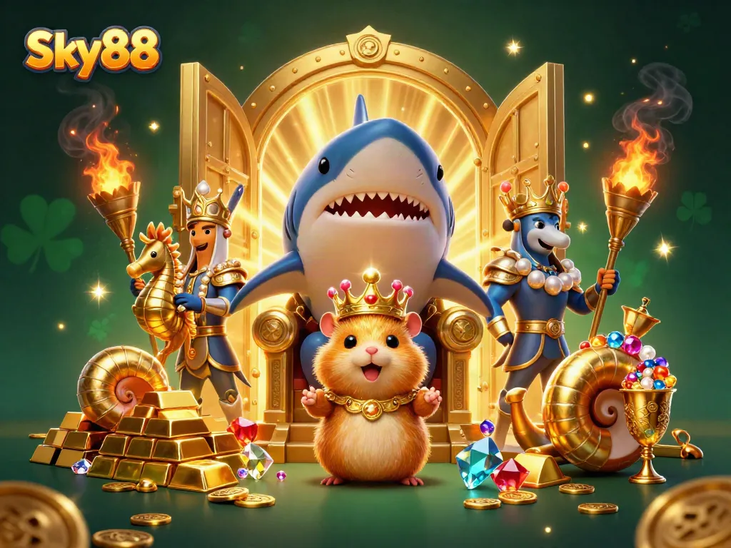 Experience the thrill of gaming at Sky88 with a vibrant casino scene showcasing treasure and a hamster king.