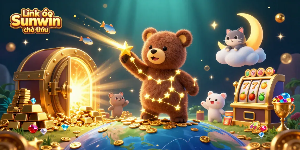 Win big with Link vào Sunwin chính thức showcasing a dazzling 3D casino scene filled with treasure.