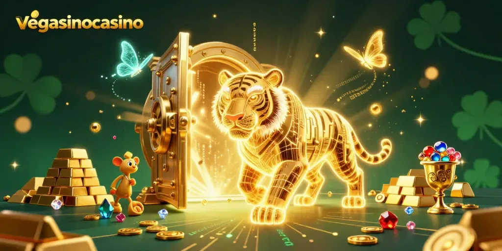 Engaging scene showcasing the golden tiger in the vibrant vegasinocasino atmosphere, filled with treasures and games.