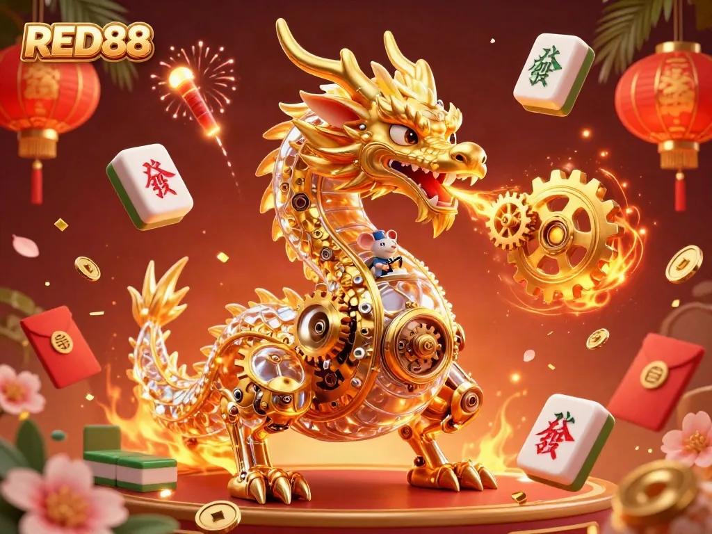 Experience the thrilling game action in RED88's vibrant online casino with golden dragon and festive decorations.