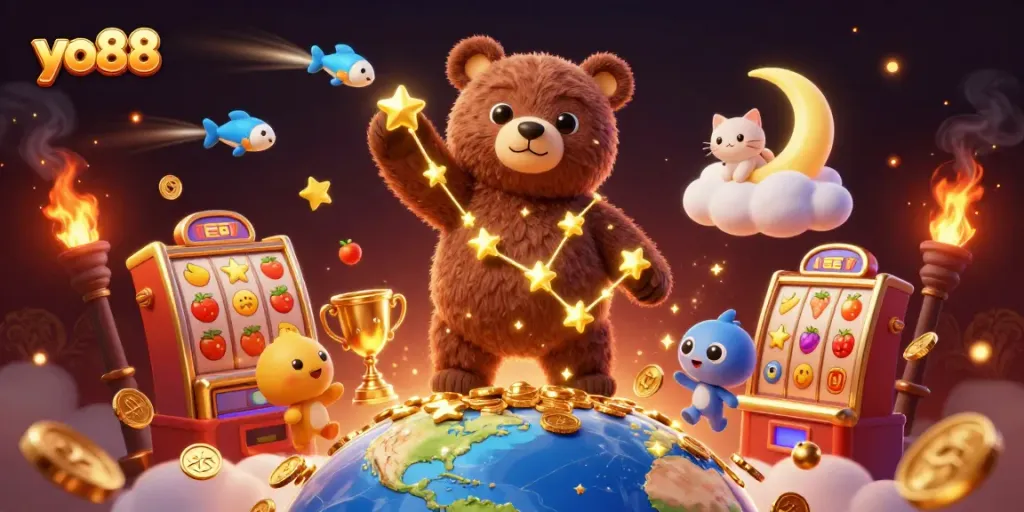 Engage in thrilling gambling with yo88 as the constellation bear gathers coins amid vibrant slot elements.