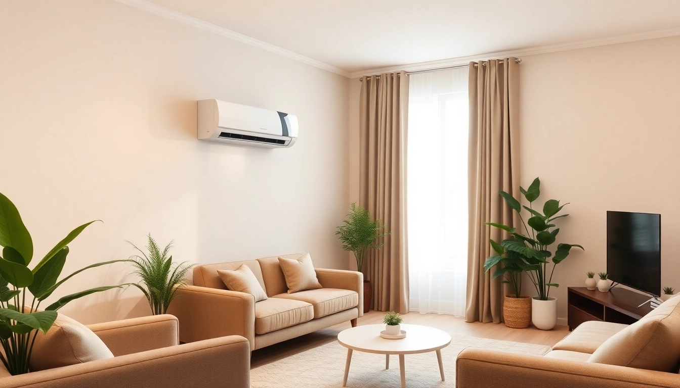 Klimaanlage kosten - Modernes Wohnzimmer mit stilvollem Split-Klimagerät an der Wand.