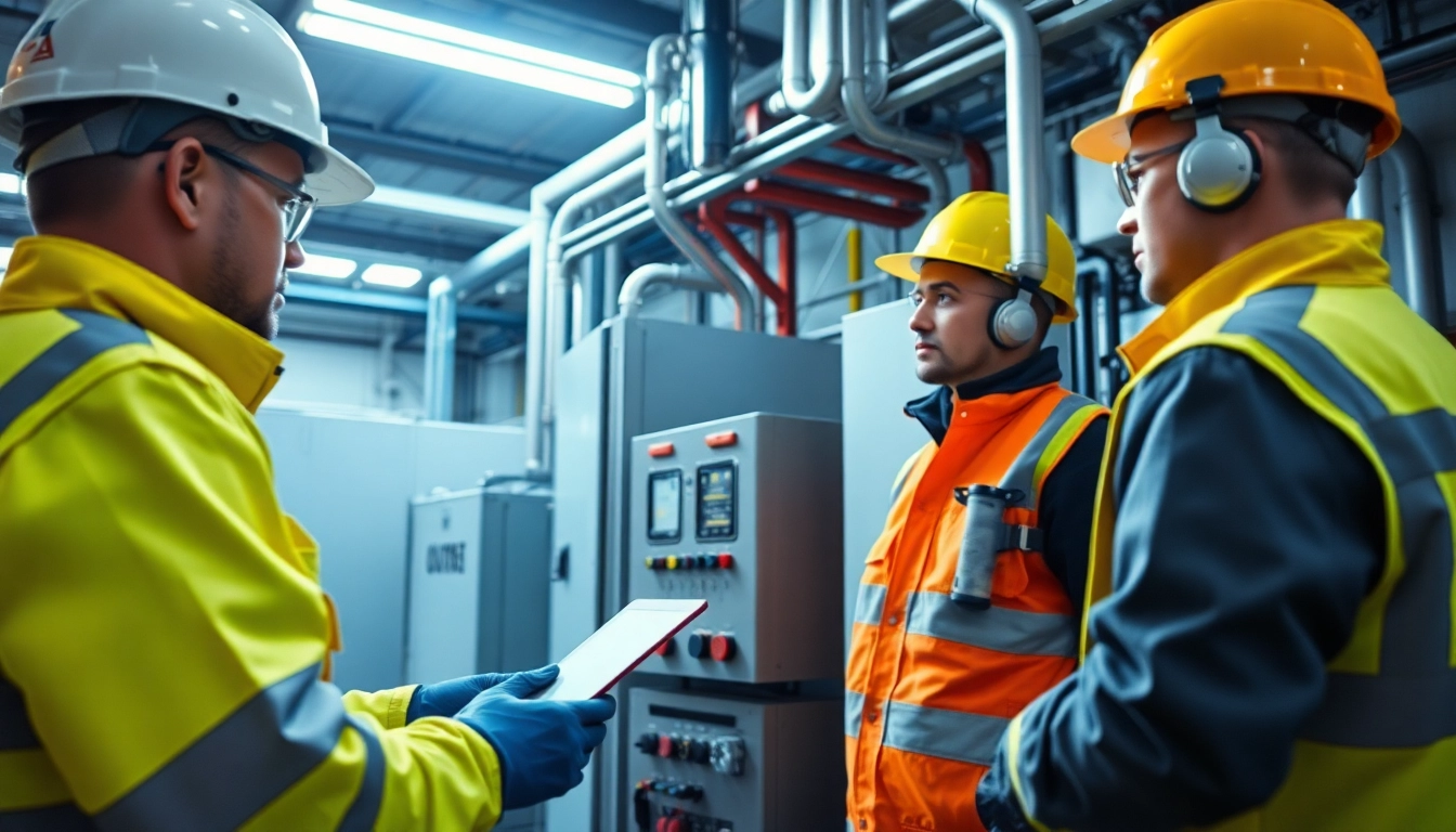 Technicians conducting a DGUV V3 Prüfung for workplace safety compliance with electrical equipment.