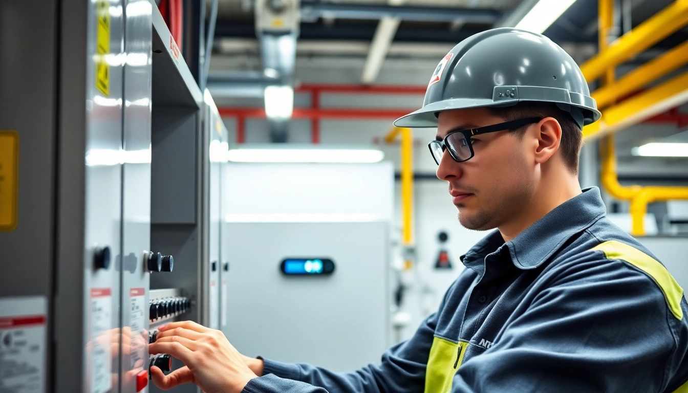 Technician conducting a DGUV V3 Prüfung on electrical equipment, ensuring workplace safety and compliance.