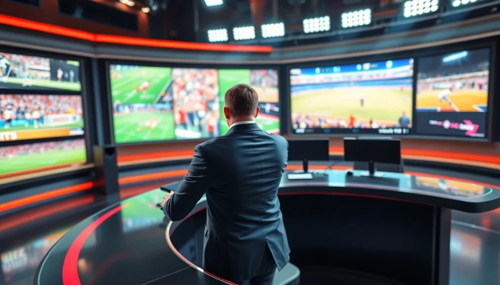 Engaging sports broadcasting scene with professional announcer at work in a vibrant studio.