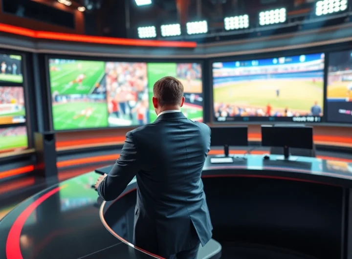 Engaging sports broadcasting scene with professional announcer at work in a vibrant studio.