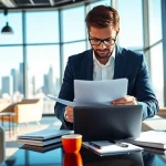 Headhunter Schweiz analysiert Bewerbungen in einem modernen Büro mit Stadtansicht im Hintergrund.