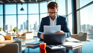 Headhunter Schweiz analysiert Bewerbungen in einem modernen Büro mit Stadtansicht im Hintergrund.