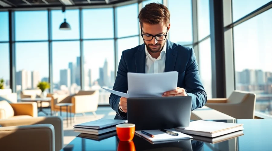 Headhunter Schweiz analysiert Bewerbungen in einem modernen Büro mit Stadtansicht im Hintergrund.