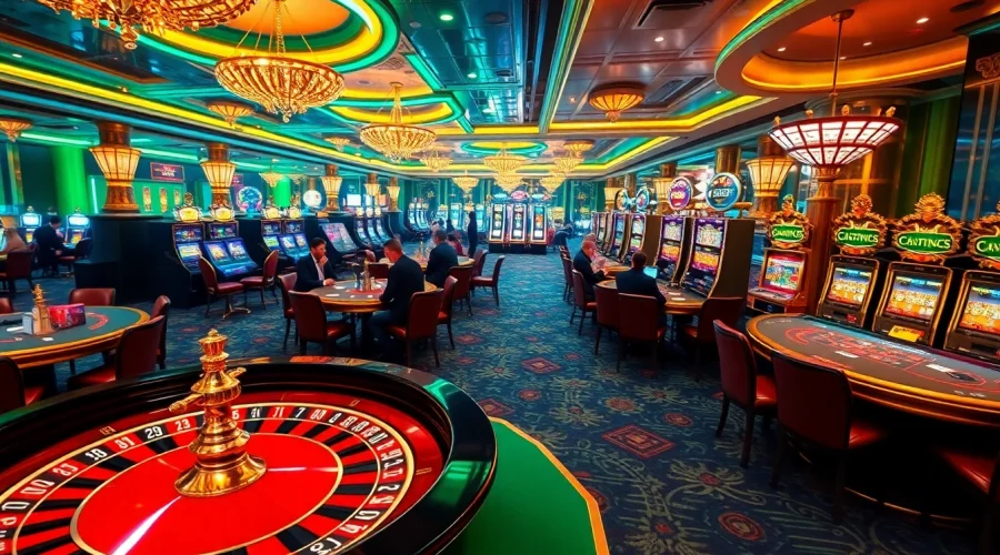 Experience BDTK1 gameplay excitement on a luxurious casino floor filled with roulette and poker.