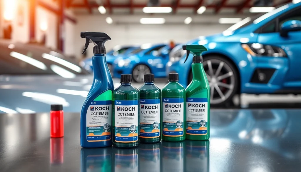 Koch Chemie Produkte auf einem Werkstatttisch, ideal für Fahrzeugpflege.