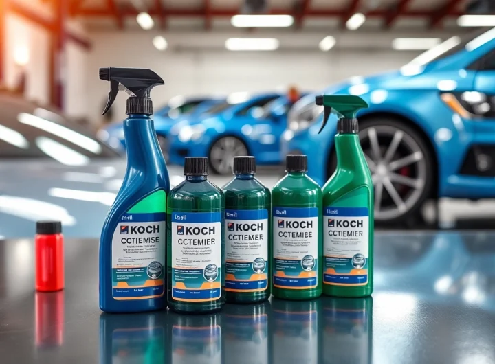 Koch Chemie Produkte auf einem Werkstatttisch, ideal für Fahrzeugpflege.