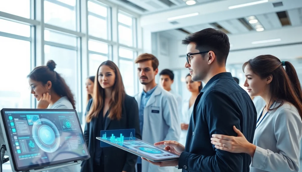 Engaging scene of young adults learning about ai 18+ technologies in a futuristic lab.