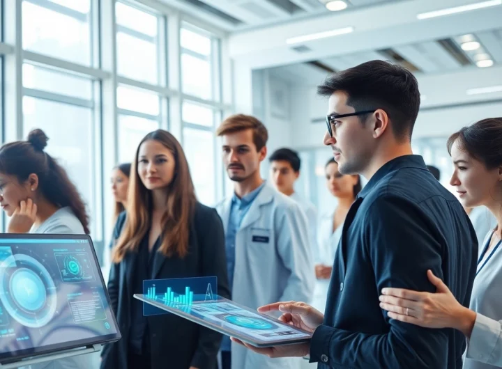 Engaging scene of young adults learning about ai 18+ technologies in a futuristic lab.