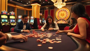 Engaging players at a poker table with vibrant chips in a game bài đổi thưởng atmosphere.