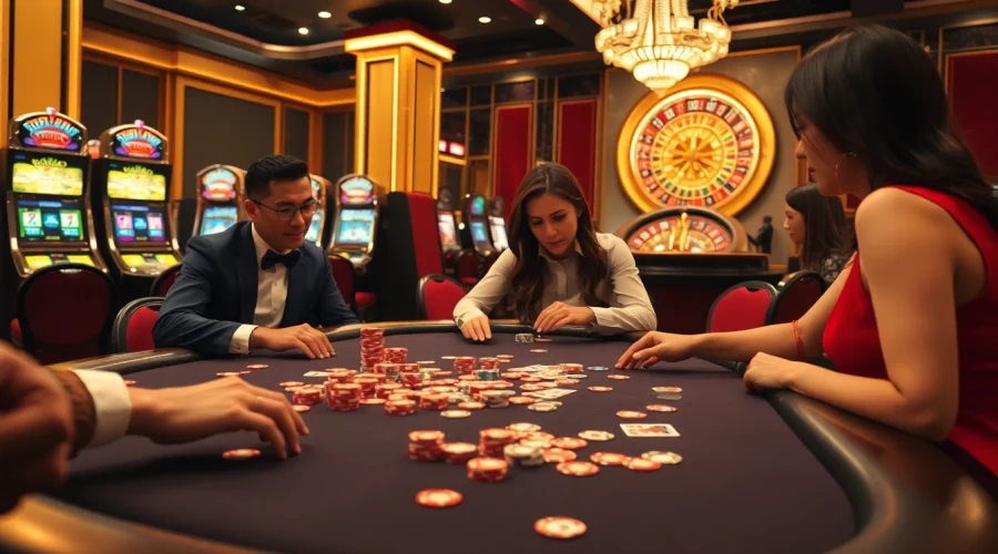Engaging players at a poker table with vibrant chips in a game bài đổi thưởng atmosphere.