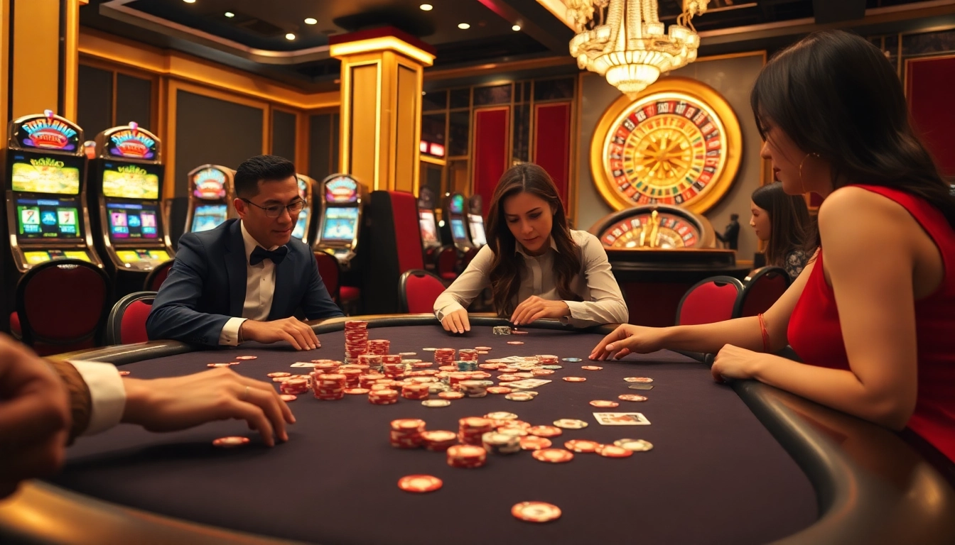 Engaging players at a poker table with vibrant chips in a game bài đổi thưởng atmosphere.