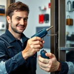 Techniker des Experten-Schlüsseldienstes Speyer führt einen schadensfreien Türöffnungsdienst mit speziellen Schlosserwerkzeugen durch.