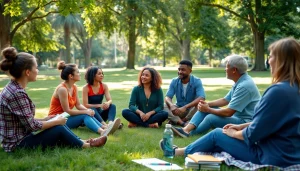 Engage in mental health awareness discussions in a serene park setting.