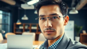 Headhunter Ingenieure berät in einem modernen Büro mit Laptop und Bauplänen.